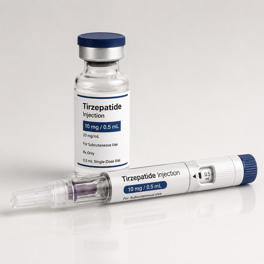 Compounded tirzepatide injection — vial and prefilled pen, BridgeWell product photo